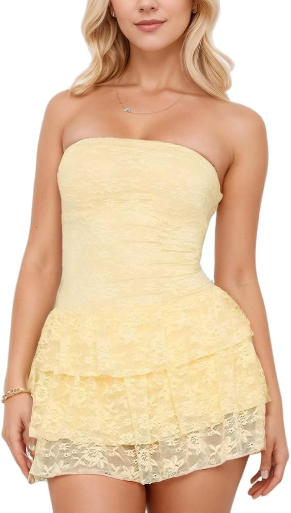 Women Sexy Ruffle Lace Tiered Strapless Mini Dress Y2k Solid Sleeveless Backless Layered A-line S... | Amazon (US)