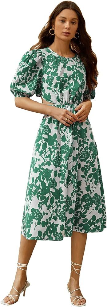Floerns Women's Cut Out Tie Back Short Sleeve Scoop Neck Floral Print Midi Dress | Amazon (US)