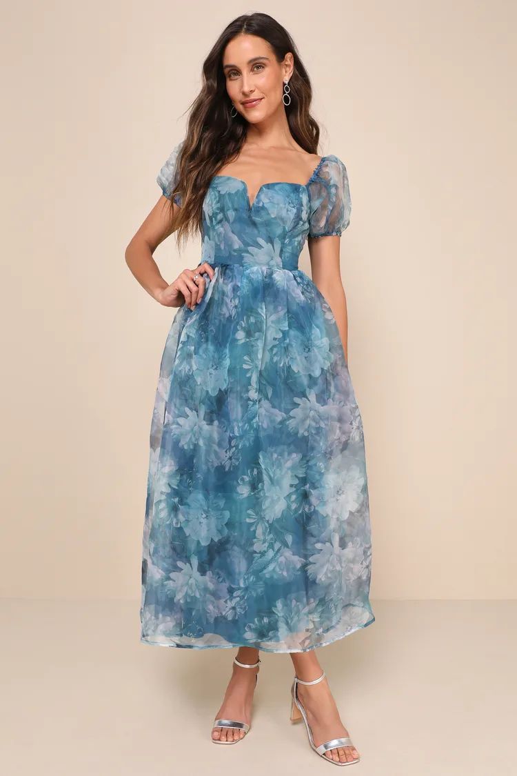 Lovely Statement Teal Blue Floral Organza Tie-Back Midi Dress | Lulus