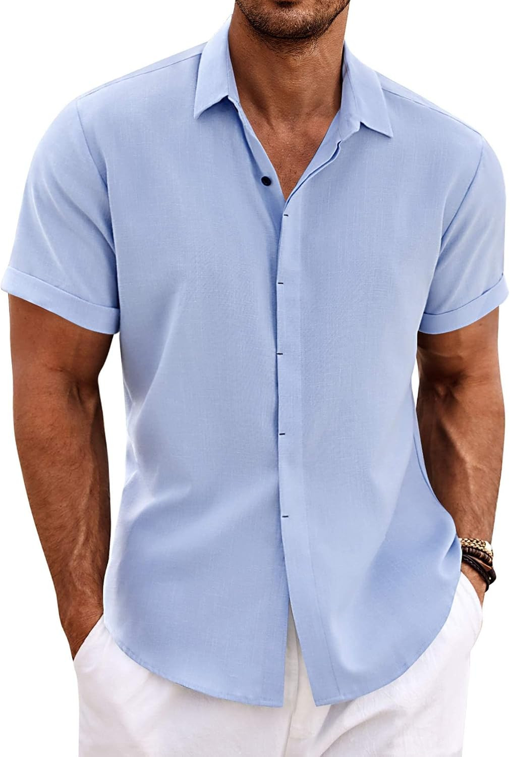 COOFANDY Men's Linen Shirts Short Sleeve Casual Shirts Button Down Shirt for Men Beach Summer Wedding Shirt | Amazon (US)