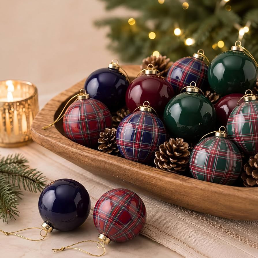 12 Pcs Plaid Christmas Ball Ornaments 3.15 Inch Green Blue Burgundy Balls | Amazon (US)