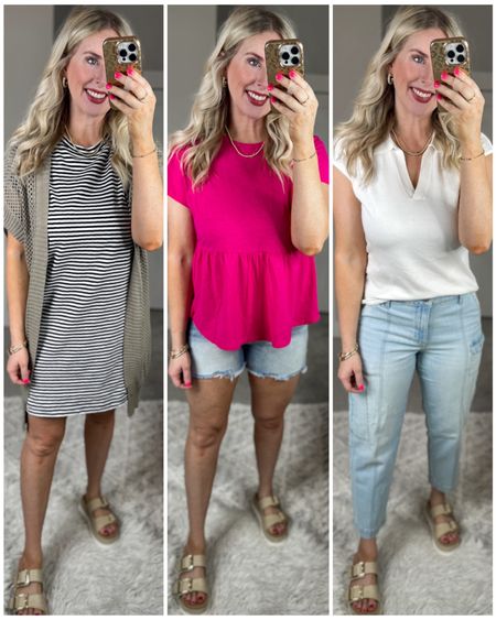 Daily try on, Walmart outfit, Walmart fashion, Walmart try on, time and tru, spring outfit, tshirt dress, pink peplum, polo sweater, jean shorts, utility jeans 

#LTKfindsunder50 #LTKshoecrush #LTKSeasonal