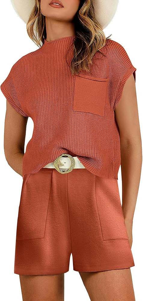 ANRABESS Women's Two Piece Outfits Sweater Short Sets Knit Pullover Tops and Shorts Lounge Set Tr... | Amazon (US)