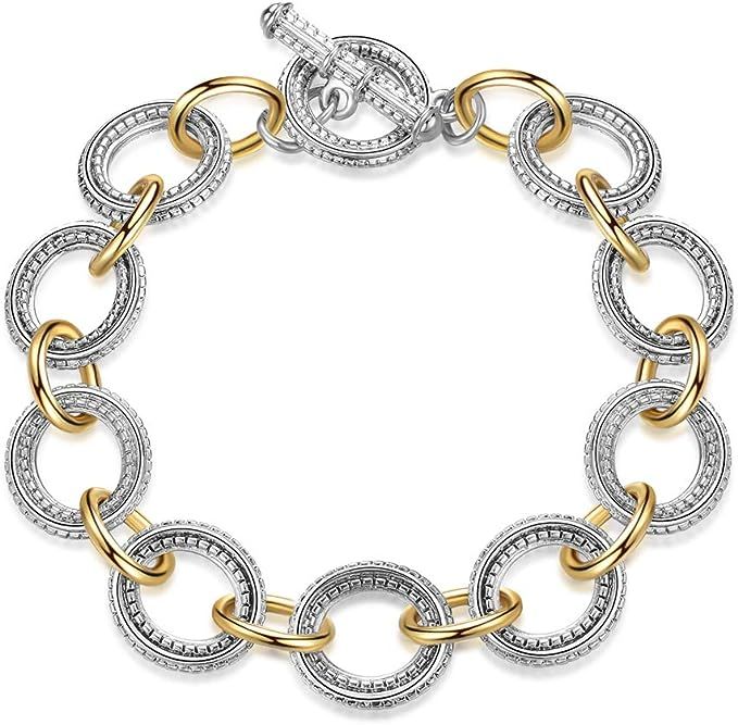 Mytys Link Bracelet Two tone Circles Chain Silver and Gold Wire Cable Bangle Designer Inspired Br... | Amazon (US)