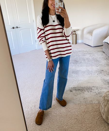Fall outfits. 
Striped sweater. True to size for oversized fit. 
Relaxed jeans. You may want to size up  
Fall shoes. Birkenstock clogs. 

#LTKSale #LTKfindsunder100 #LTKover40