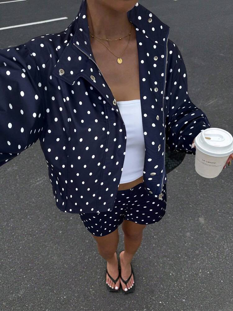 Muchica 2025 Autumn Women's Navy Blue Polka Dot Print Long Sleeve Zip-Up Jacket And Shorts Casual... | SHEIN