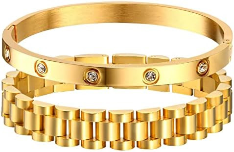 MPRAINBOW 2pcs 18K Gold Plated Chain Link Bracelet, Stainless Steel Crystal Friendship Bracelets ... | Amazon (US)