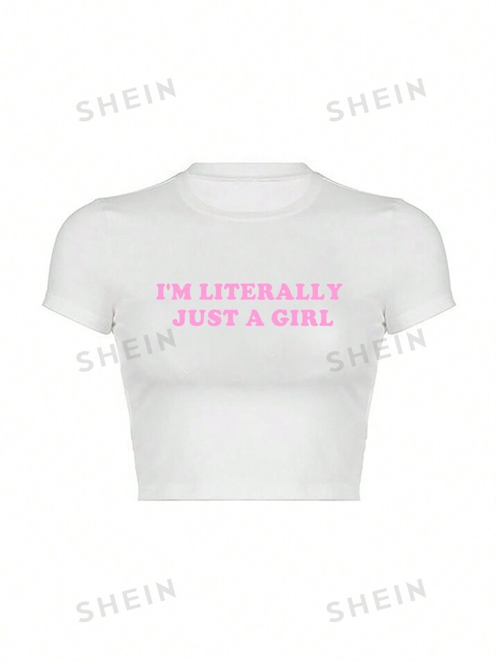 SHEIN EZwear Plus Size Women's Slogan Print Short Sleeve T-Shirt, I'M LITERALLY JUST A GIRL | SHEIN