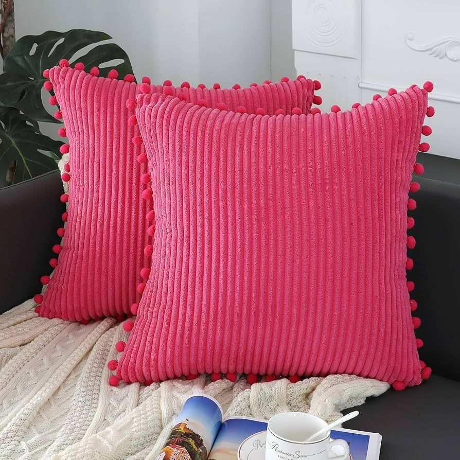 sykting Hot Pink Throw Pillow Covers 18x18 inch Soft Striped Boho Farmhouse Decorative Pillow Cov... | Amazon (US)