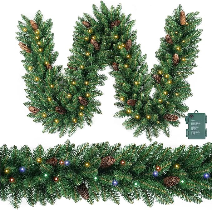 Christmas Garland 9ft with 70 Muticolor and Warm Led, 330 Tips Prelit Fraser Fir Xmas Garland wit... | Amazon (US)