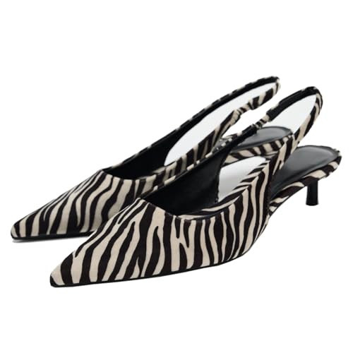 Cantianshu Fashion Zebra Print Slingback Pumps Shoes for Women Pointed Toe Kitten Heels Slip On Work Pumps Close Toed Small Heels Wedding Party Casual Dress Shoes Zebra Size 41 | Amazon (US)