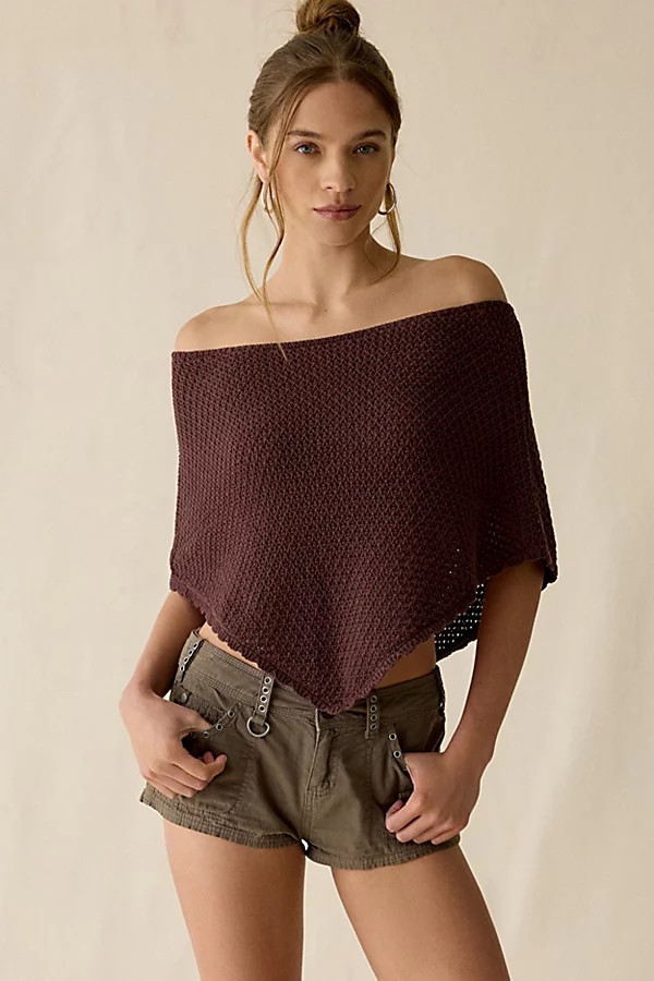 Kimchi Blue Game Day Crochet Off-The-Shoulder Poncho in Brown, Women's at Urban Outfitters | Urban Outfitters (US and RoW)