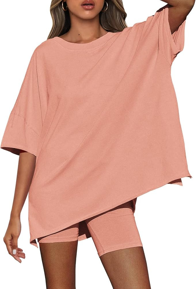 Nirovien Women's 2 Piece Outfits Matching Workout Sets Oversized Reversible T Shirt and Biker Shorts | Amazon (US)