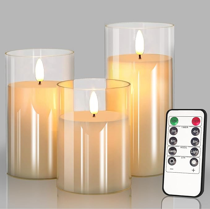 Glass Battery Operated LED Pillar Flameless Candles with10-Key Remote and Timer, Real Wax Candles... | Amazon (US)