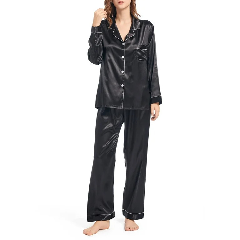 Finvizo Womens Silk Satin Pajamas Long Sleeve Set Two-piece Sleepwear Silky Button-down Nightwear... | Walmart (US)