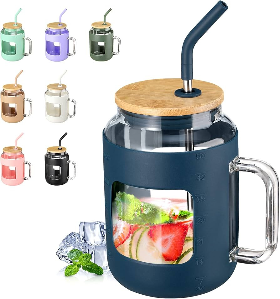 VOKOVO 50 oz Glass Tumbler with Bamboo Lid and Straw, Glass Water Bottles with Handle and Silicon... | Amazon (US)