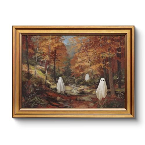 WHASAYART Vintage Halloween Wall Art Cute Ghost Fall Forest Painting 12x16 | Amazon (US)