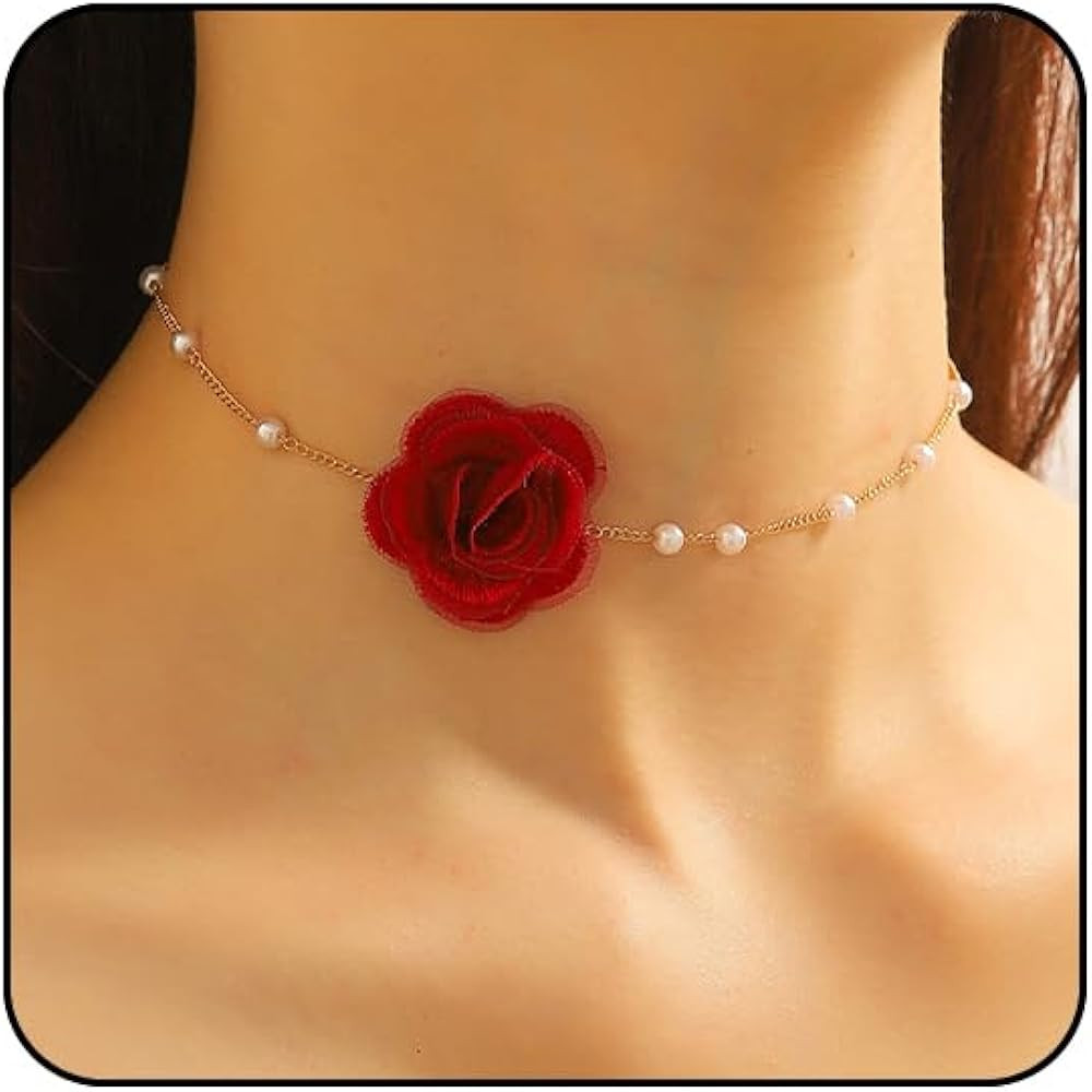 Flower Choker Necklaces for Women Rose Necklace for Women with Pearl Dainty Red Rose Choker Neckl... | Amazon (US)
