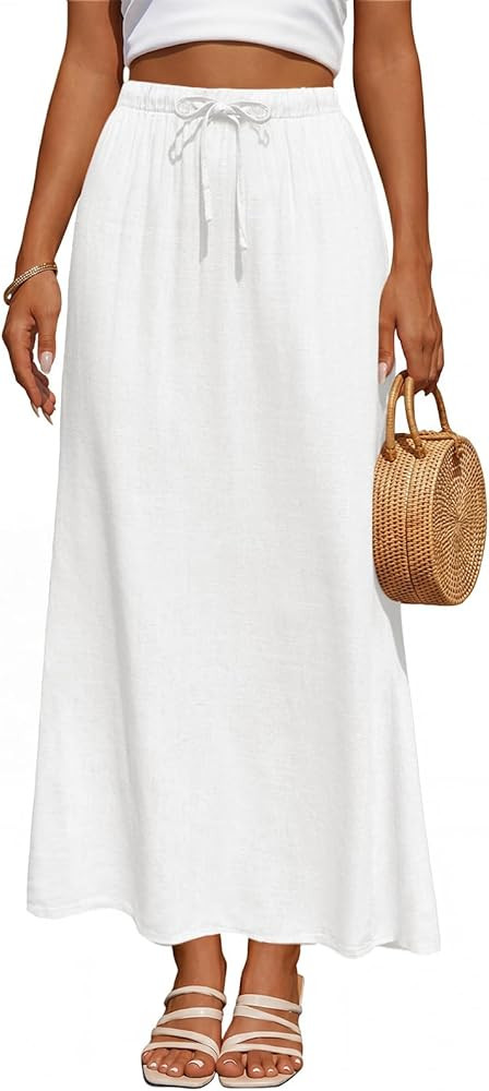 Women's Linen Maxi Skirt Drawstring Back Slit Elastic High Waisted Flowy 2026 Summer White Long S... | Amazon (US)