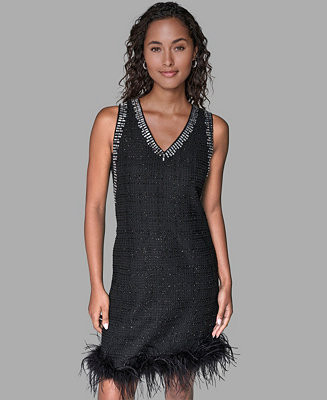 KARL LAGERFELD PARIS Women's V-Neck Embellished Shift Dress - Macy's | Macy's