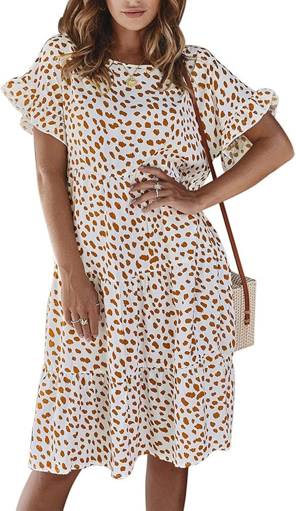 Ophestin Womens Floral Print Ruffle Short Sleeve Loose Swing Midi Dress Summer | Amazon (US)