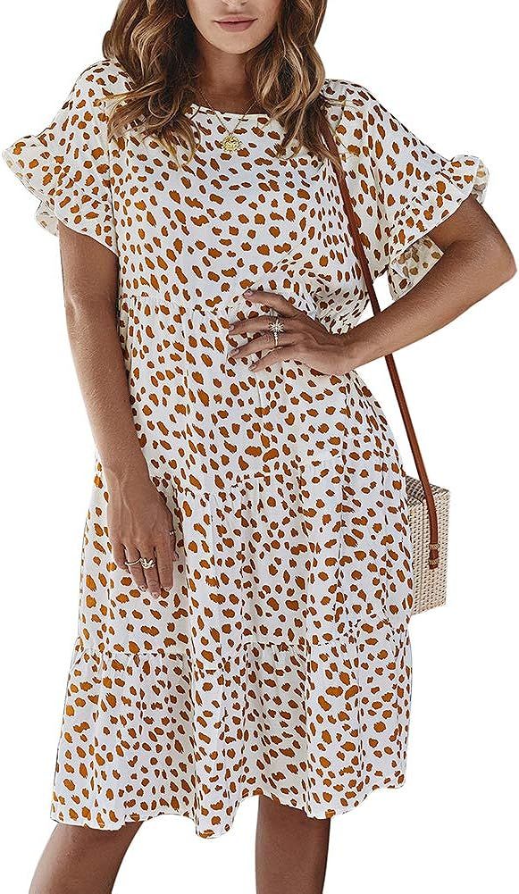 Ophestin Womens Floral Print Ruffle Short Sleeve Loose Swing Midi Dress Summer | Amazon (US)