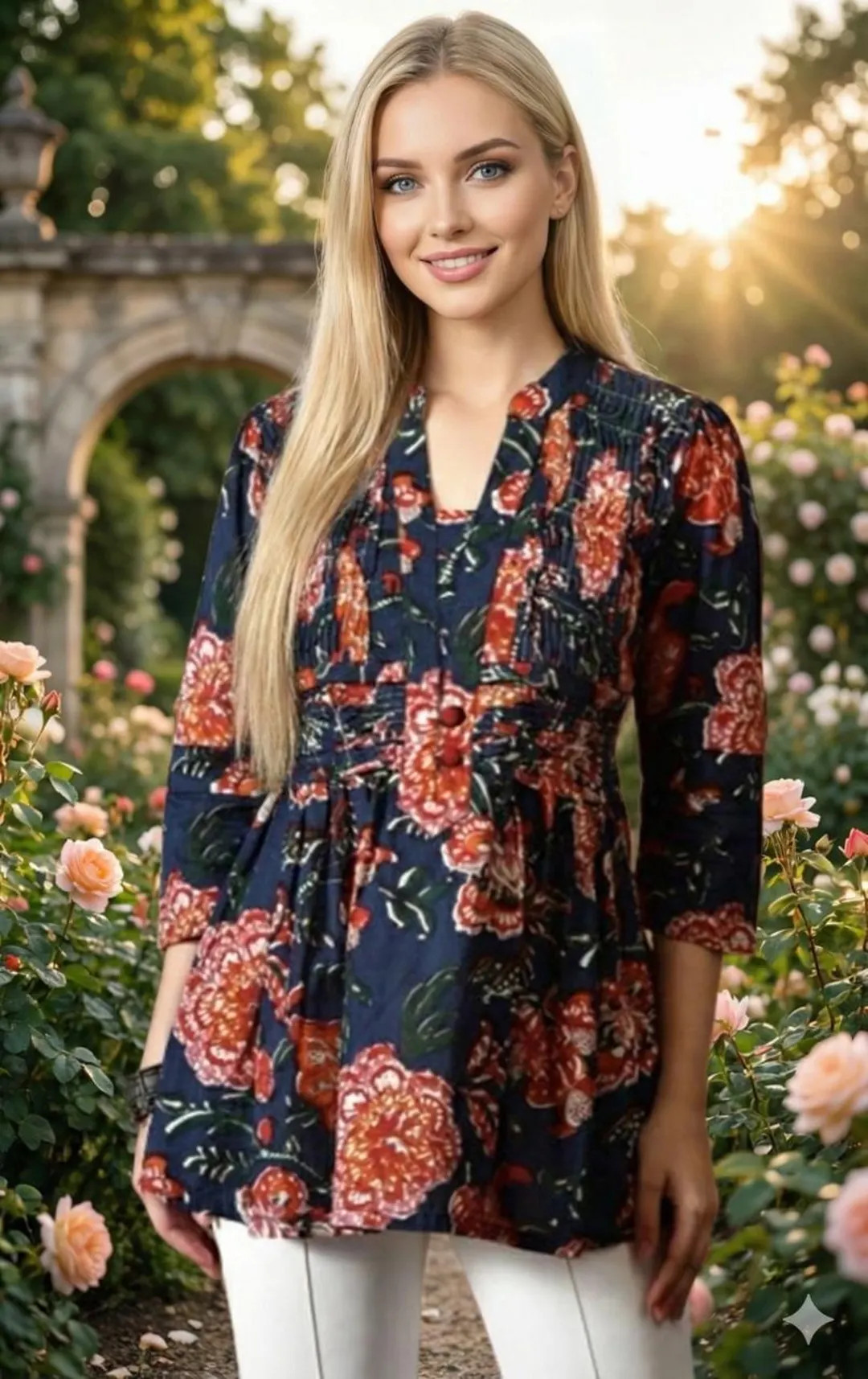 Floral Print Cotton Blend Tunic Top, Navy Blue 3/4 Sleeve Kurti | Etsy (US)