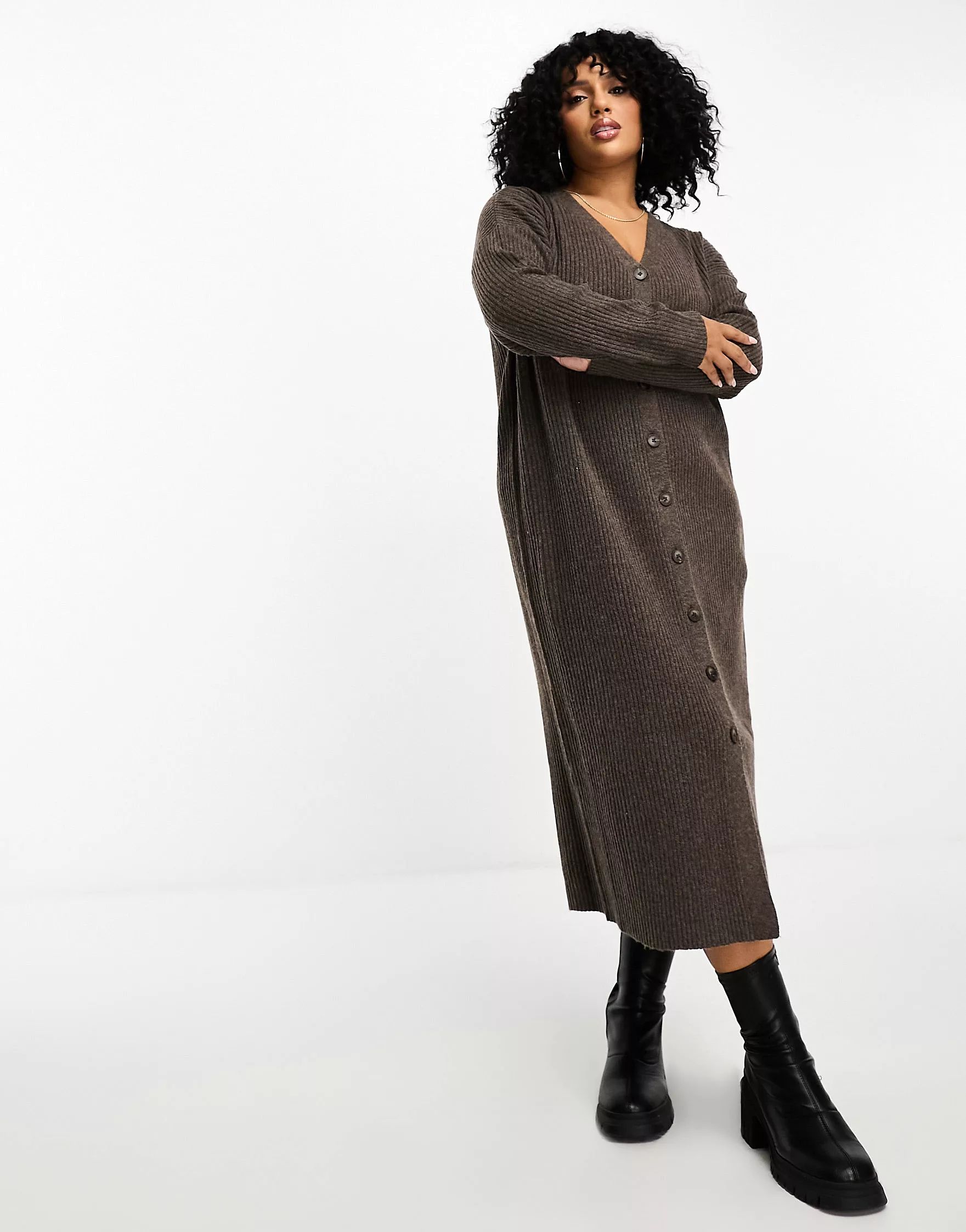 Yours button through knitted dress in camel | ASOS (Global)