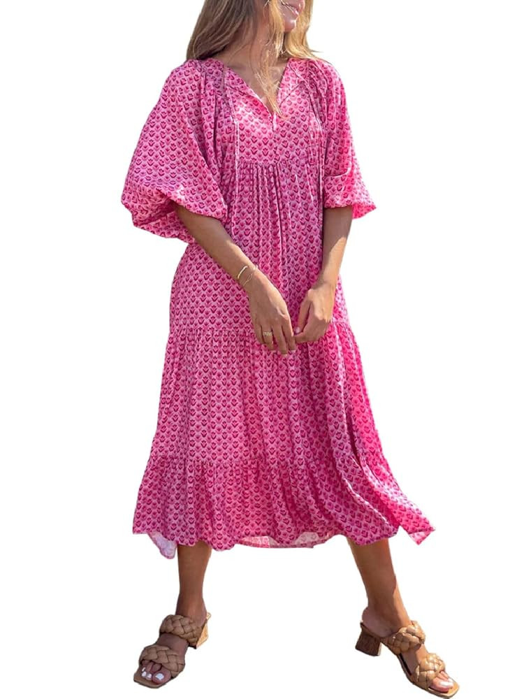 miduo Womens Loose Fit Casual Summer V Neck Half Sleeve Bohemian Geometric Pattern Maxi Long Dres... | Amazon (US)