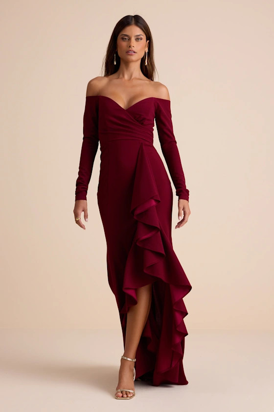 Notorious Perfection Wine Off-the-Shoulder Ruffled Maxi Dress | Lulus
