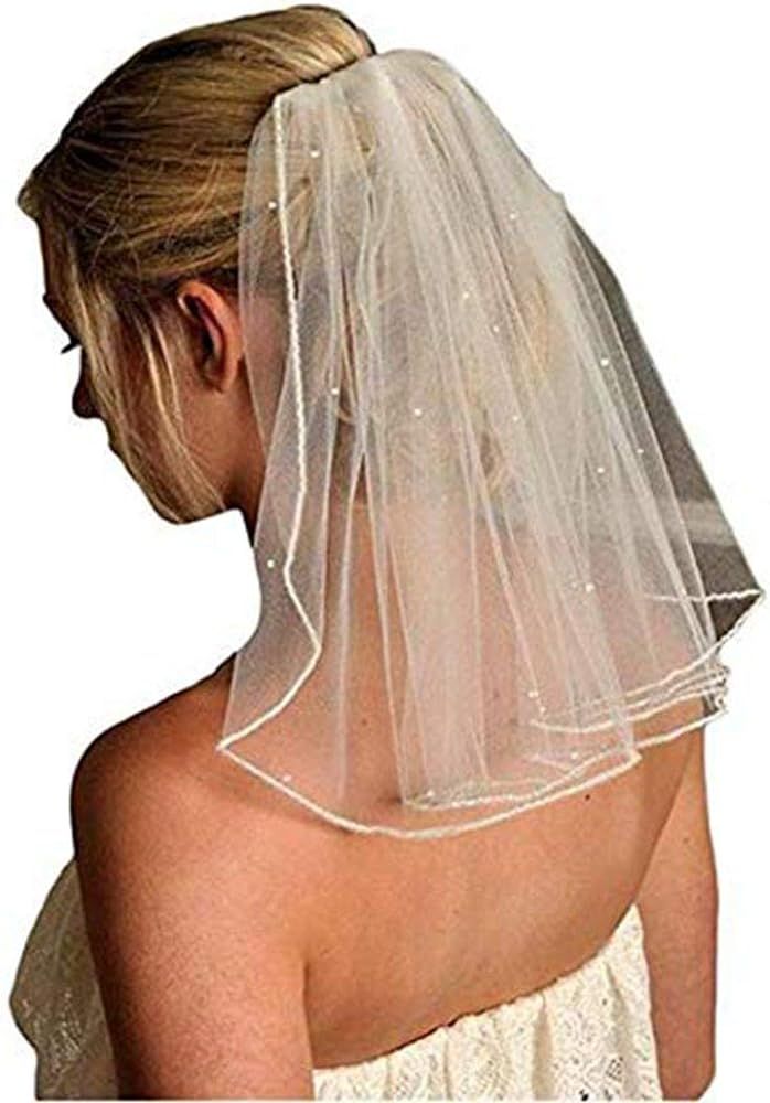 Women's Short Wedding Veils with Comb Lace Appliques Beads Bridal Veil(More) | Amazon (US)