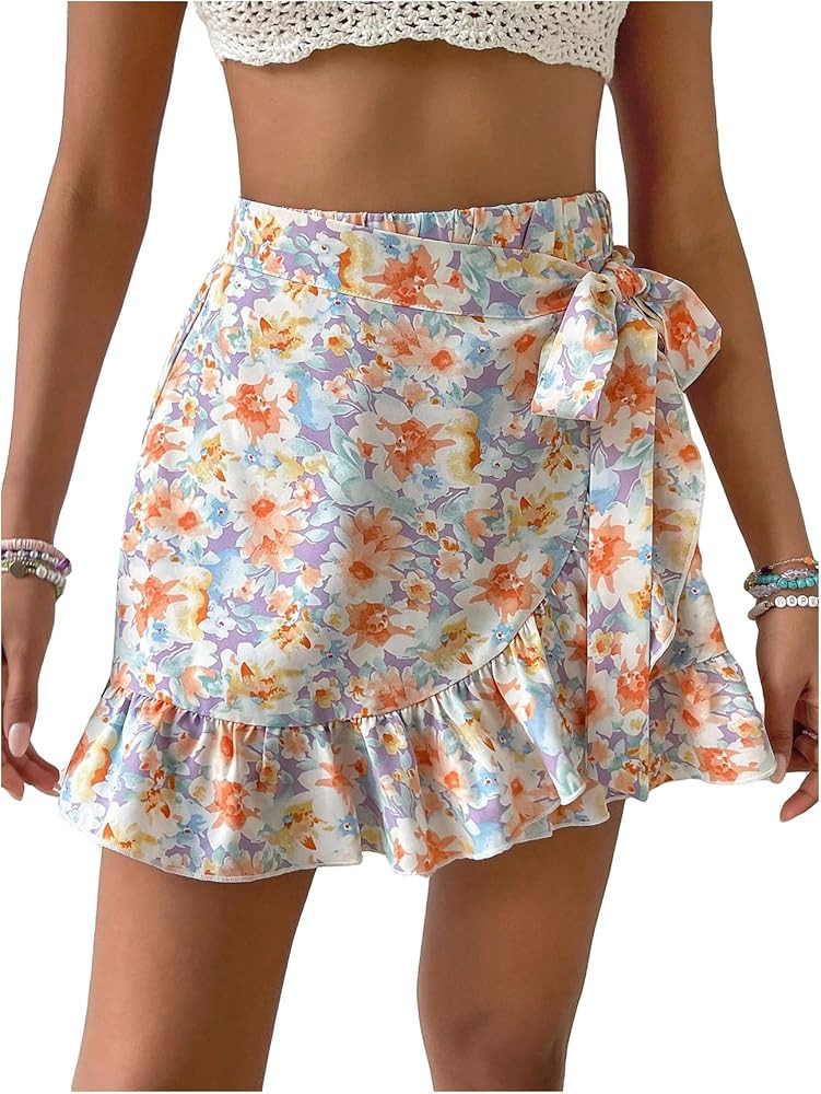 MakeMeChic Women's Boho Floral Print Elastic Waist Ruffle Wrap Tie Skorts Skirt Skorts | Amazon (US)