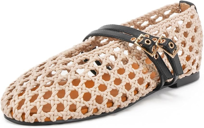 Women's Woven Mary Jane Flats - Mesh Ballet Flats with Adjustable Double Metal Buckle Strap and R... | Amazon (US)