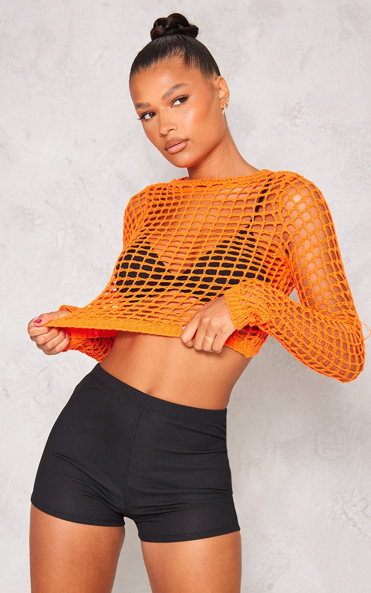 Orange Crochet Open Knit Long Sleeve Top | PrettyLittleThing UK