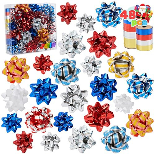 JOYIN 48 PCS Present Bows and Gift Ribbons Assortment with 46 Multi-Colored Assorted Size Self Adhesive Gift Bows and 2 Rolls of Curling Ribbons for Present Wrapping | Amazon (US)