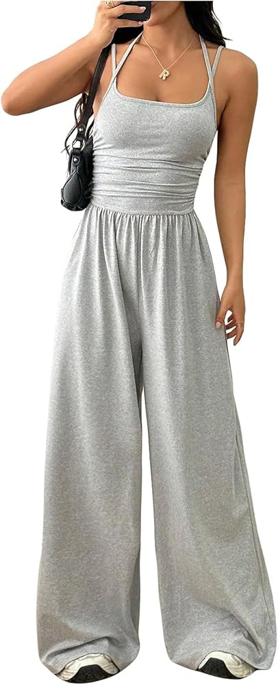 Floerns Women's Summer Jumpsuit Spaghetti Strap One Piece Outfit Wide Leg Baggy Pants Romper | Amazon (US)