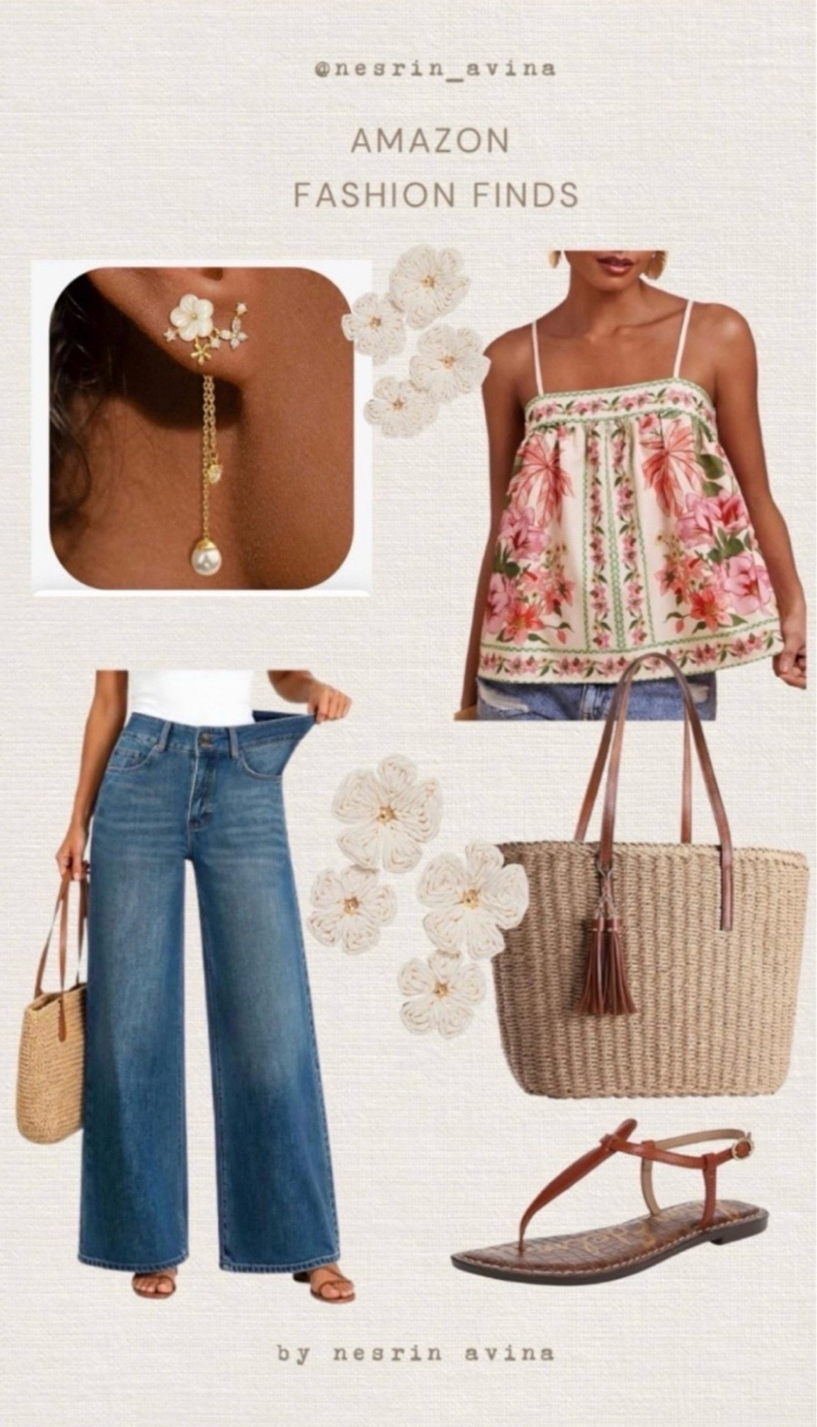 floral top
summer tote bag 
wide leg jeans 
earrings