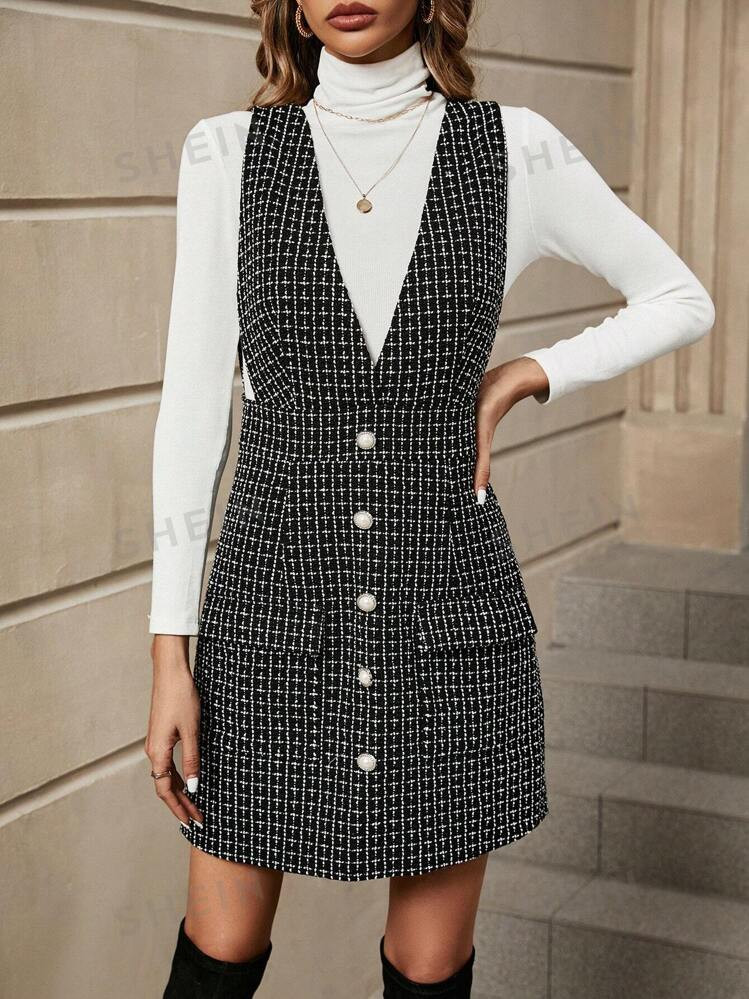 SHEIN Unity Plaid Pattern Flap Pocket Overall Dress Without Sweater | SHEIN
