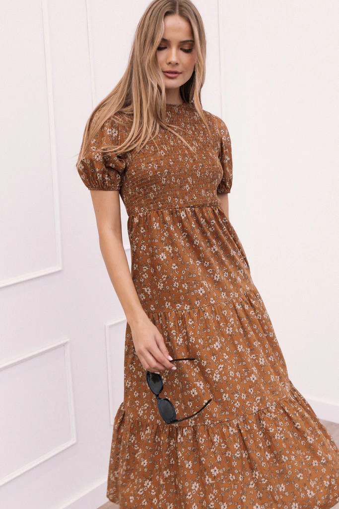 Naura Shirred Tiered Midi Dress - Cognac Floral | Petal & Pup (US)