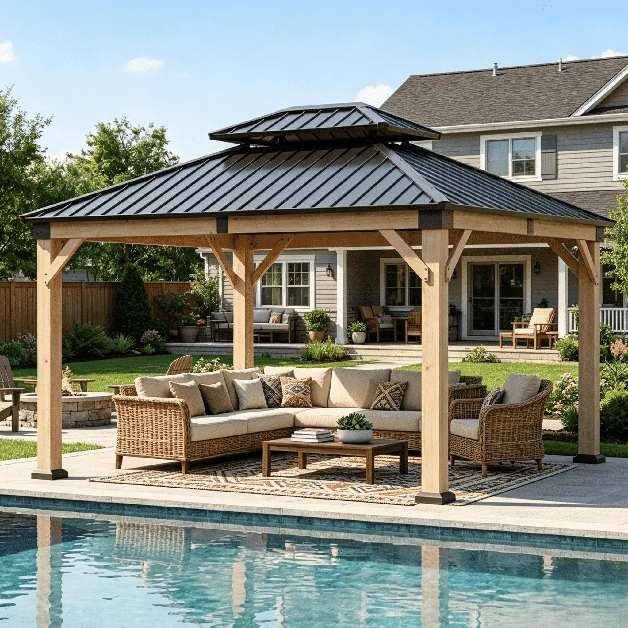 Clouddwell 10' x 12' Cedar Wood Gazebo with Double Roof, Hardtop Metal Roof Outdoor Patio Gazebo ... | Walmart (US)