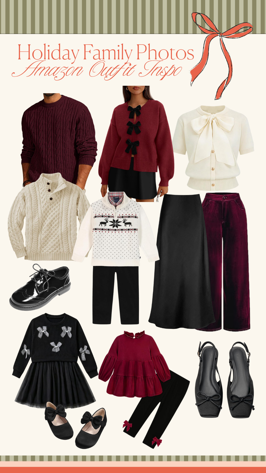 Holiday family photo outfit inspo 🎄🎀❤️ If you’re planning family photos this year, save this one! I’m loving the classic mix of burgundy, cream + black with cozy knits, bows, and just a little festive detail. ✨ 


holiday family photos, family photo outfits, Christmas family photos, holiday outfit ideas, Christmas outfit ideas, family photo outfit ideas, holiday photo outfits, Christmas family outfit, coordinated family outfits, matching family outfits, holiday fashion, festive outfits, burgundy holiday outfits, cream and black outfits, Christmas color palette, holiday kids outfits, toddler Christmas outfit, baby Christmas outfit, mom holiday outfit, dad holiday outfit, family photo inspiration, holiday style, Christmas style, holiday outfit inspo 

 #LTKSeasonal #LTKKids #LTKMens