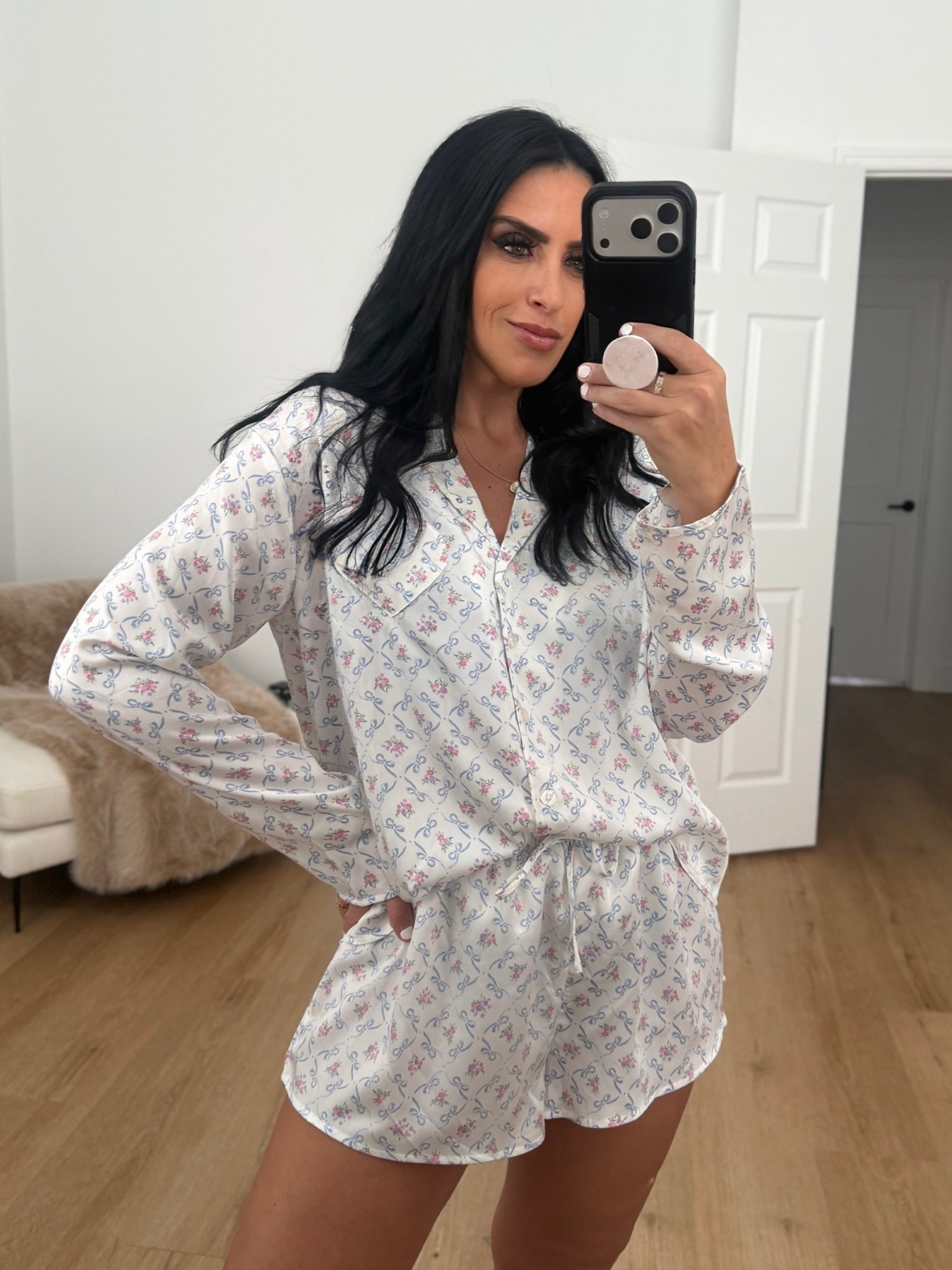 No Boundaries Sleepwear Satin Long Sleeve Button-Up Top and Shorts Set wearing small