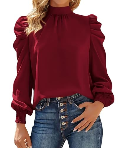 BTFBM Women Satin Puff Long Sleeve Blouses Mock Neck Shirts Business Casual Tops Work Dressy Blou... | Amazon (US)