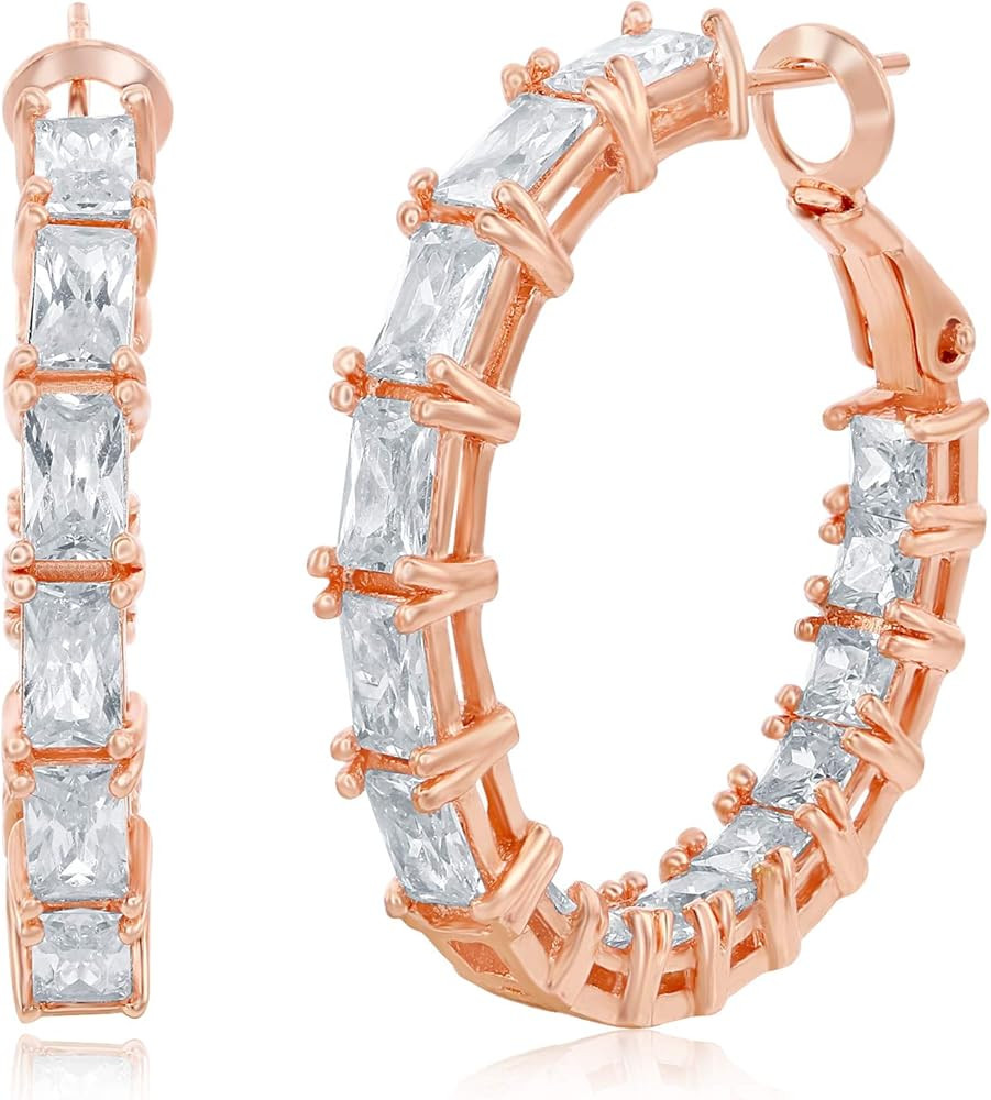 NYC Sterling Women Emerald & Princess Cubic Zirconia In & Out Hoop Earrings | Amazon (US)