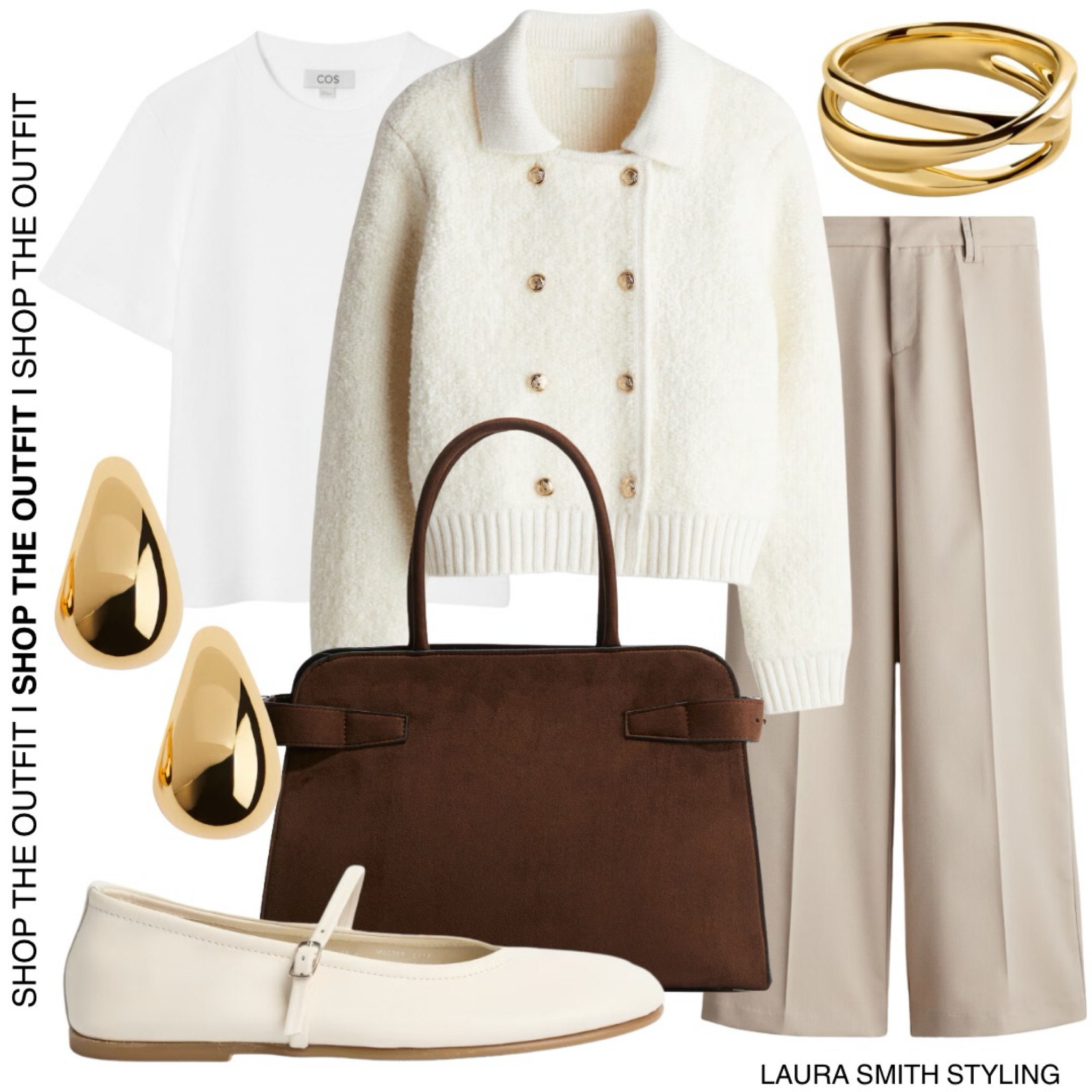 Cosy whites, browns, golds, boucle and suede. 

Including boucle cardigan, white t-shirt, light brown tailored trousers, brown suede handbag, gold earrings, gold ring, white maryjane shoes  

#LTKwinter #LTKuk #LTKstyletip