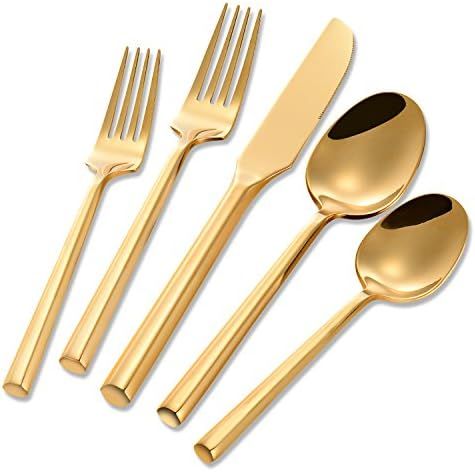 Flatasy Flatware Set Gold Silverware Set Stainless Steel 20 Piece Hexagon Handle Cutlery Set Wedd... | Amazon (US)