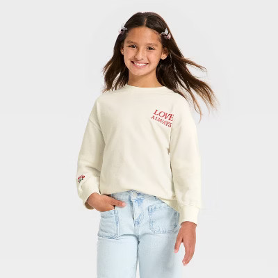Girls' French Terry Valentine's Day Pullover Sweatshirt - Cat & Jack™ Cream L | Target