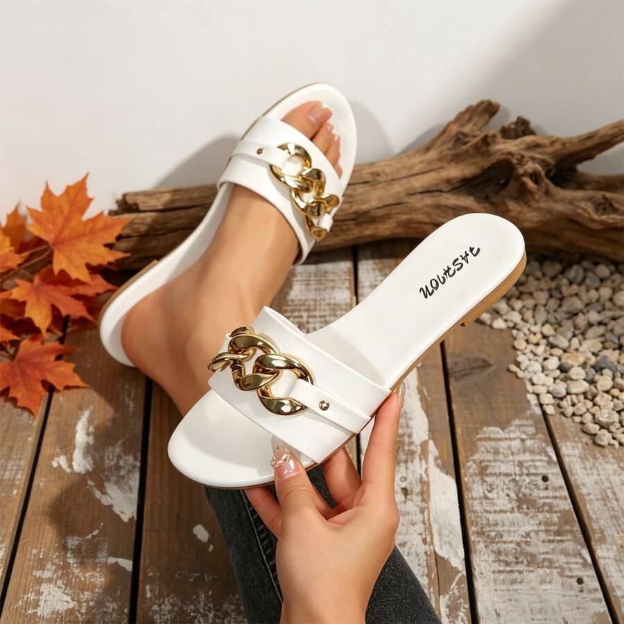 LocalWomen's Champagne Gold Metallic Slide Sandals Oversized Chunky Chain Link Decor Flat Square ... | SHEIN