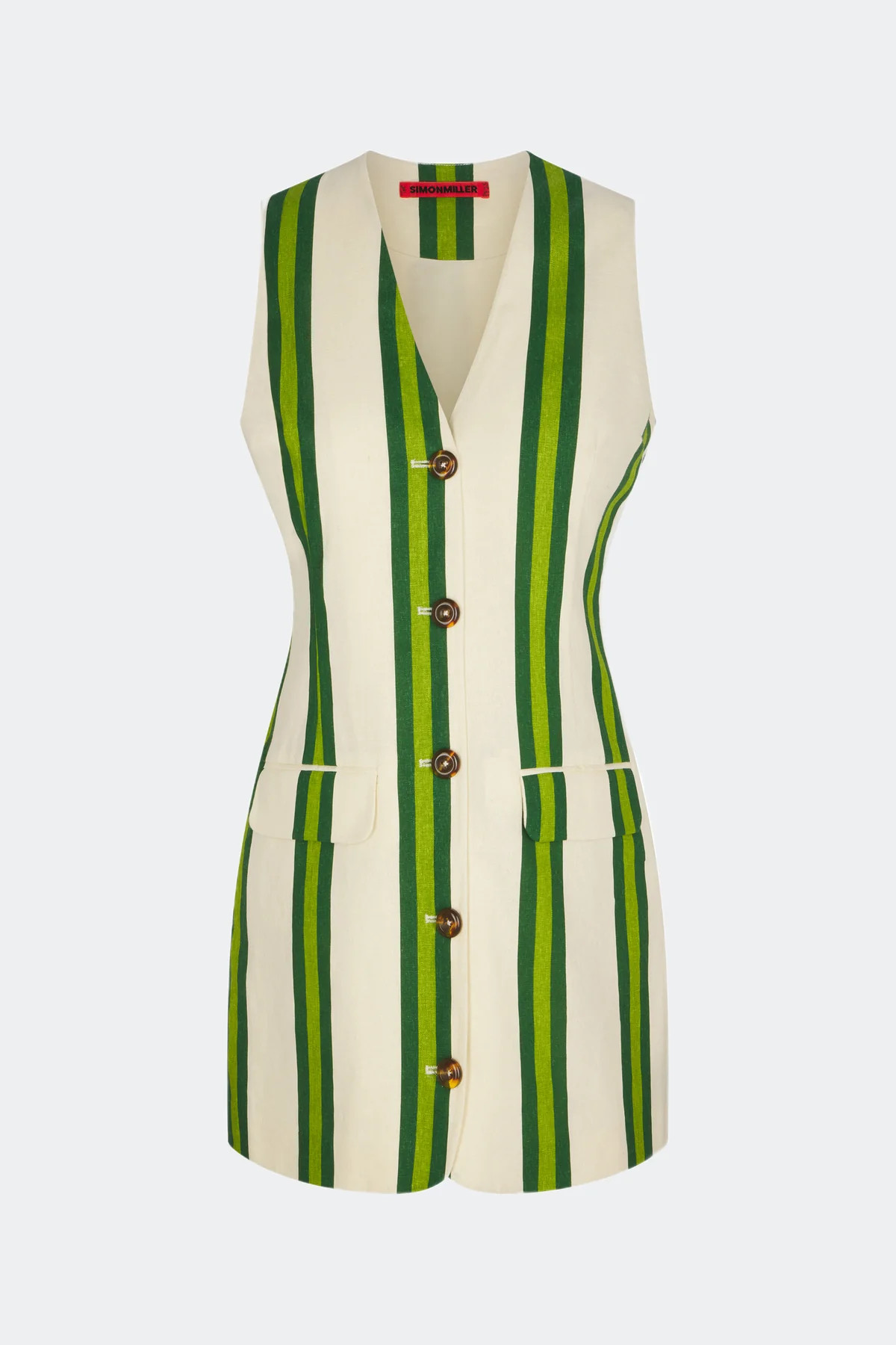 Carob Printed Linen Mini Dress in Cream/Green Stripe | SIMONMILLER | Simon Miller