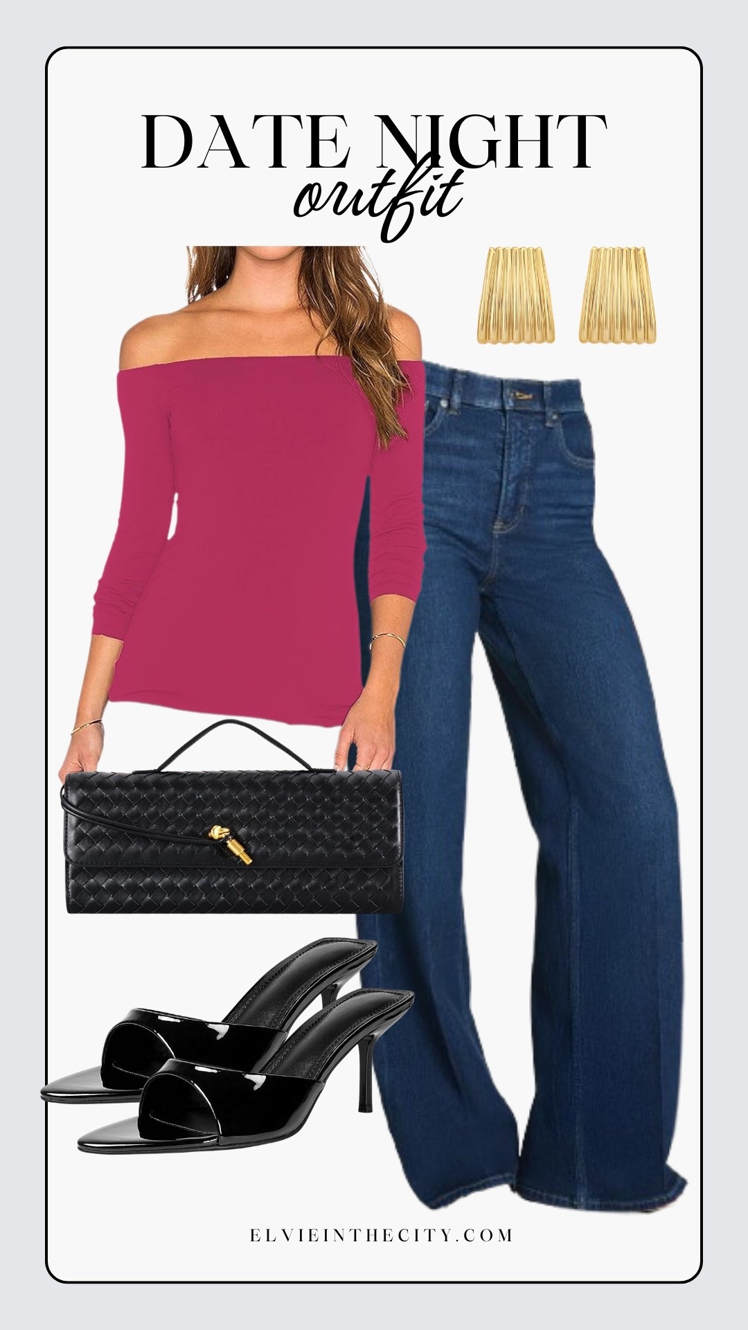 This date night inspiration includes an off the shoulder top paired with wide leg jeans, a woven clutch, gold statement earrings, and black heels.

Ootd, date night outfit, Valentine’s Day outfit, fashion over 40, over 50 style, affordable fashion

#LTKootd #LTKFindsUnder50 #LTKOver40
